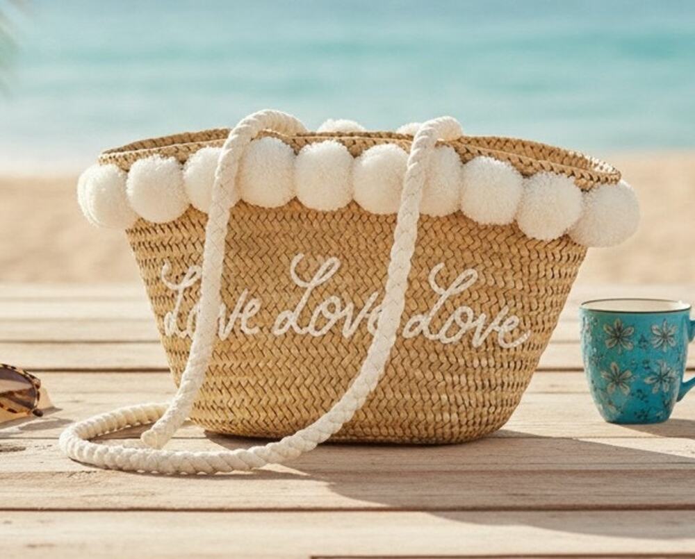 Bonita Moroccan Straw Beach Bag Love Heart Motif Pom Poms Tan Brown Woven